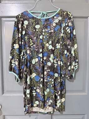 Ric Rac Floral Print Top with Dolman Sleeves and Tie Neckline